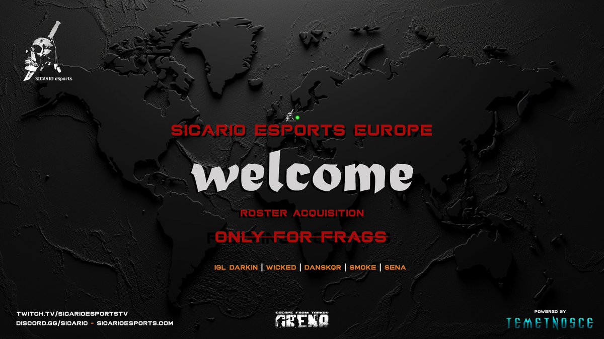 Introducing: 
Sicario eSports Europe Pro Team  

Roster 
🇫🇷 Darkin | IGL 
🇫🇷 Wicked  
🇫🇷 DanSkqr 
🇧🇪 Smoke 
🇫🇷 Sena  

Sub 
TBA  

Artist: <a href="/mattzoodahh/">Mattzoodahh</a>
