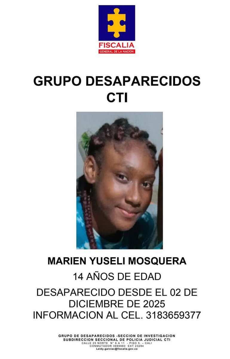 Buscamos a Marien Yuseli en Cali, Colombia 🇨🇴 Ayúdanos a difundir, por favor. Desapareció hace apenas unos días.