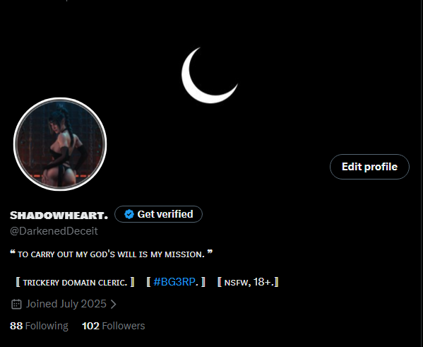 Aki.⠀

Thank you for 1 million followers!
I do appreciate the interest in my Shadowheart so far.

I promise sometime next week I'll have the muse portrayal and headcanon section filled out so both you and I can know how I want my Shadowheart to be.