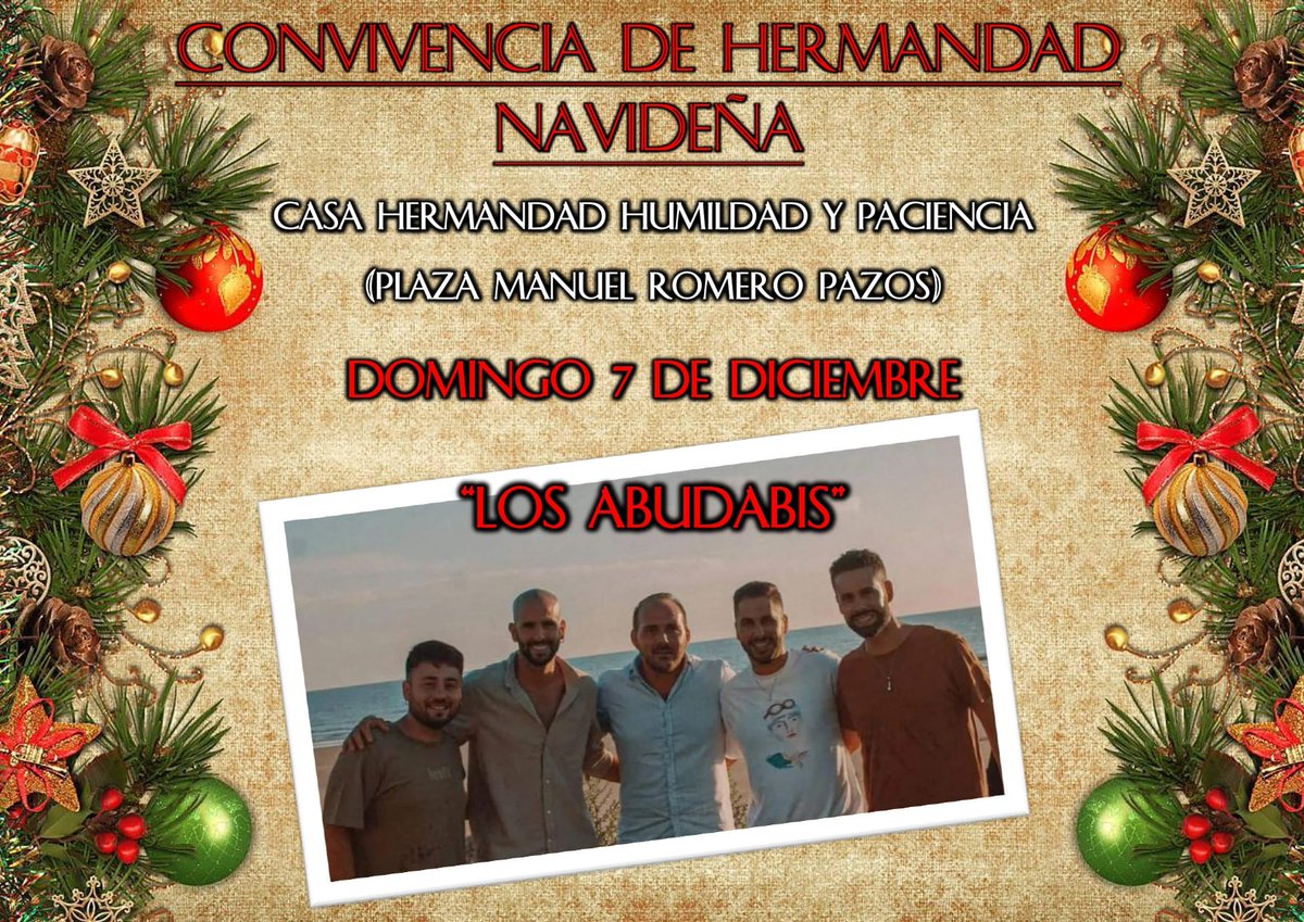 CONVIVENCIA DE HERMANDAD NAVIDEÑA

Invitamos a todos nuestros Hermanos y Devotos a participar en la próxima Convivencia Navideña que realizará nuestra Hermandad el 7 de Diciembre en nuestra Casa Hermandad, a partir de las 15:30h, con música de  "Los Abudabis" y "D'Cale".