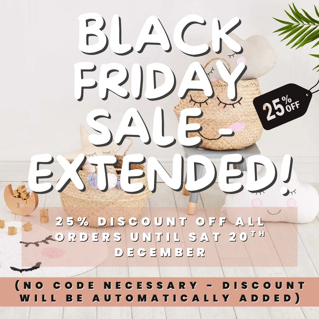 🎉 Little Ragamuffin Black Friday Sale - EXTENDED!

Get 25% off all orders until Sat 20th Dec.

No code needed!

Brighten your child’s room with bedding, wall art, storage &amp; more!

littleragamuffin.co.uk

#BlackFriday #KidsInteriors #HomeDecor #Sale