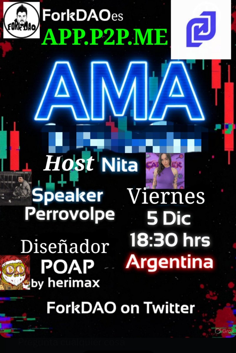 ForkDA0es's tweet image. #AMA spaces X Vie 05_12_25 18:30 hrs arg en comunidad @ForkDAOes con @p2pmeargentina #speaker #atr @perrovolpe #kol @eudtoxic 🪄🫵🌐💡