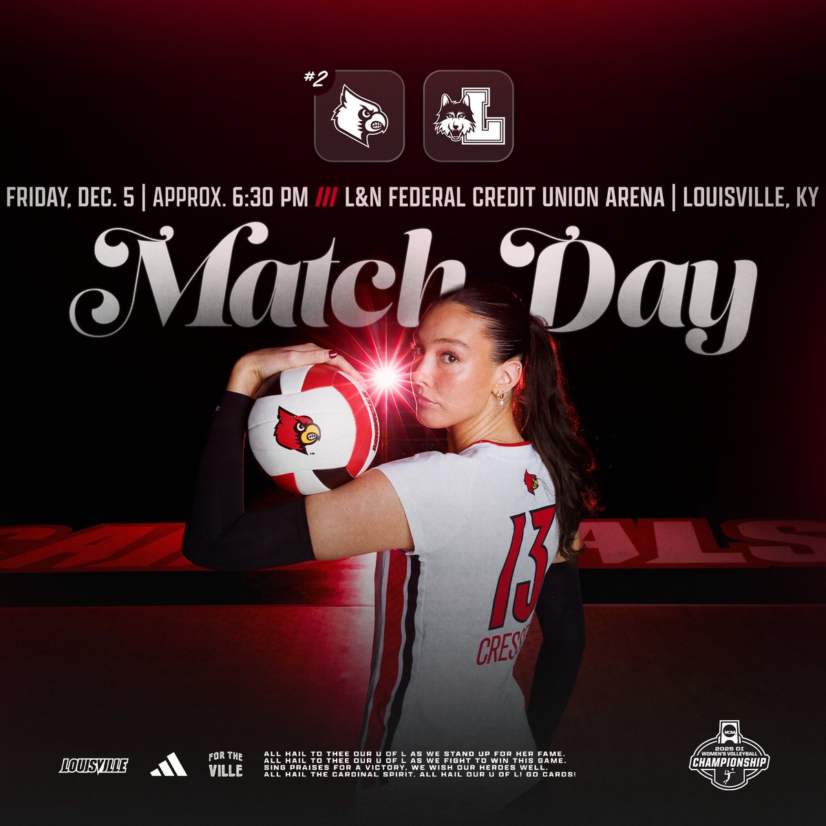 Round 1.

🆚 Loyola Chicago
⏰ Approx. 6:30 pm ET (30 mins after WKU vs. Marquette at 4 pm)
📍 L&amp;N Federal Credit Union Arena
📺 ESPN+
📊 uofl.me/48C5o4U
💻 uofl.me/4oC8X0G

#GoCards