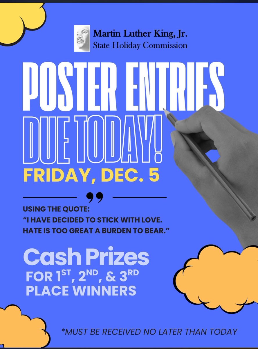 ⏰ Deadline is TODAY!
West Virginia students — get your artwork in for the Annual MLK Jr. Poster Contest!
Theme: “I have decided to stick with love…”
Don’t miss your chance at cash prizes + a Culture Center display!

#HHOMA #MLKCommission #WVStudents #StickWithLove