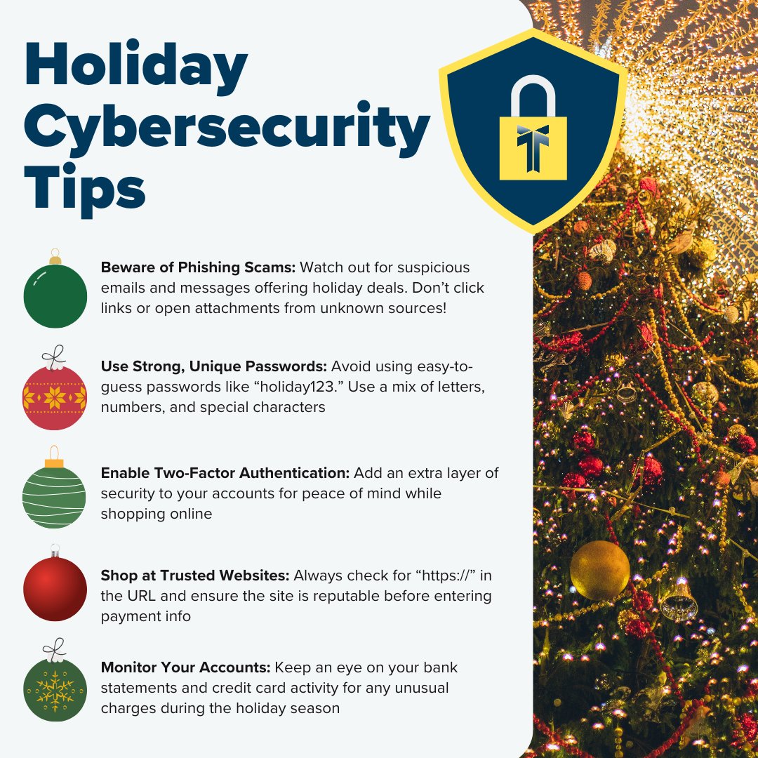 The holidays are here, but so are the cyber threats! 🔒

Keep your info safe with these quick #CyberSecurity tips while you shop, surf, and celebrate. Stay secure this season 🎄🖥️

#ThisIsTVAR #CyberSecurityTips #HolidaySafety #StaySecure