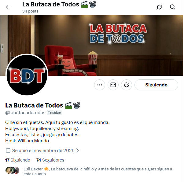 Hola todos. Vengo a comunicarles que el contenido de cine HA VUELTO!

Y esta vez con cara nueva y dedicada: LA BUTACA DE TODOS.

Agradezco a todos los fieles y también a los que se aguantaban el spam de contenido positivo, dinámico y divertido, si pueden seguir y RT.

Acción🎬!