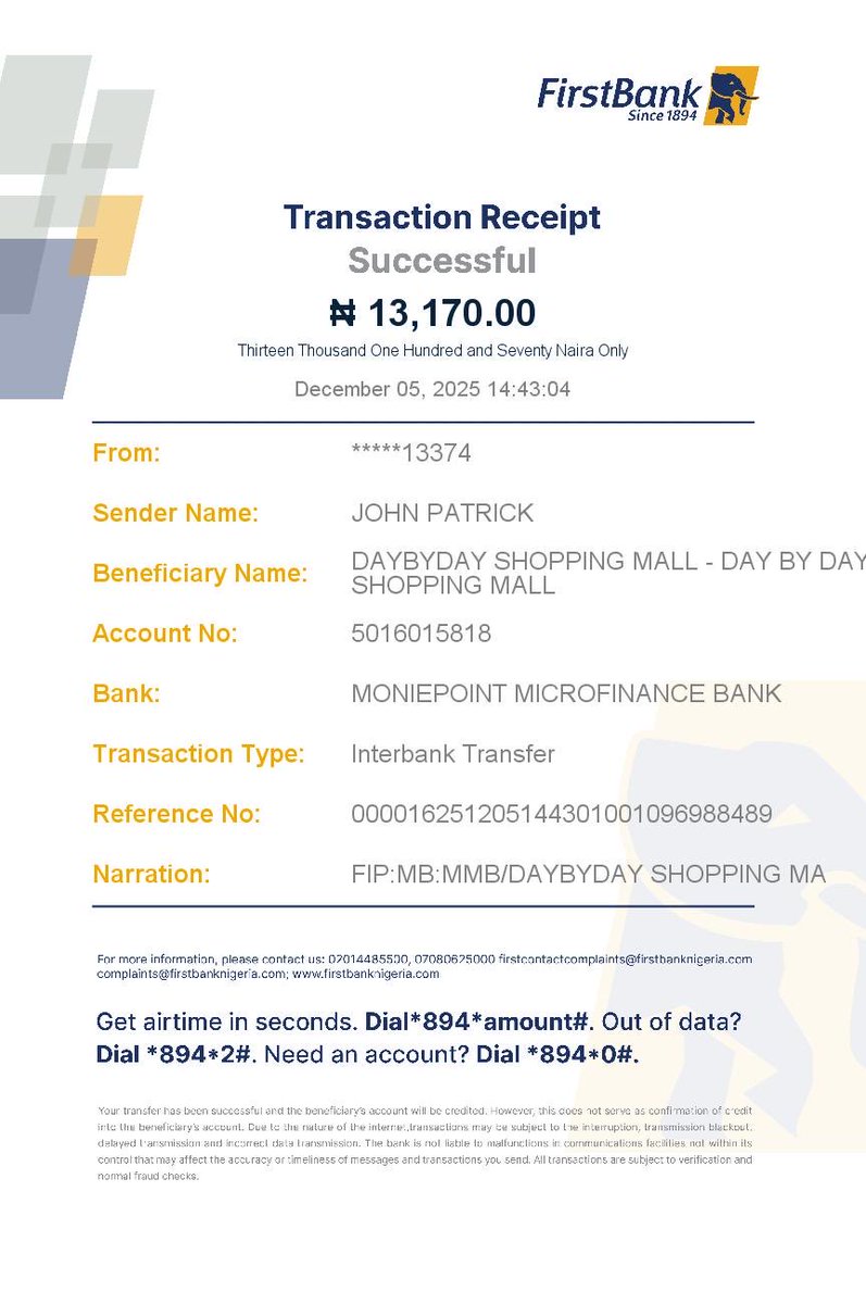 JohnPatrick1245's tweet photo. @FirstBankngr Good afternoon first bank please I made a transaction 13,170 I was debited but the transaction wasn’t successful https://t.co/7tOR1H8VqX