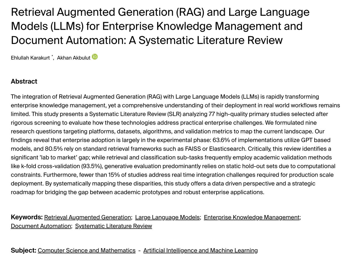 關於企業應用中的RAG(檢索增強生成)最新系統性綜述來了。
企業要真正用好RAG,還有很長的路要走,別想當然地覺得RAG 系統已經可以量產了。
實驗室裡的原型和企業實際部署之間,差距比多數人想像的還要大。
這份系統性文獻回顧分析了77