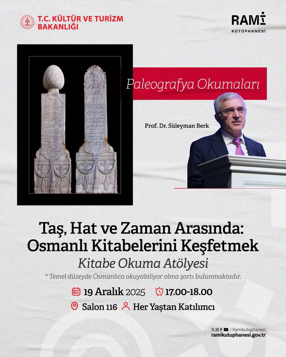 Osmanlı yazı kültürünün izini sürmek ister misin? 📜

Rami Kütüphanesi, Osmanlı yazı kültürünü ve metin mirasını keşfe davet eden Paleografya Okumaları program serisiyle tarih, edebiyat ve belge dünyasını bir araya getiriyor. 📚🔍

Üç ayrı atölyeden oluşan bu özel seri,