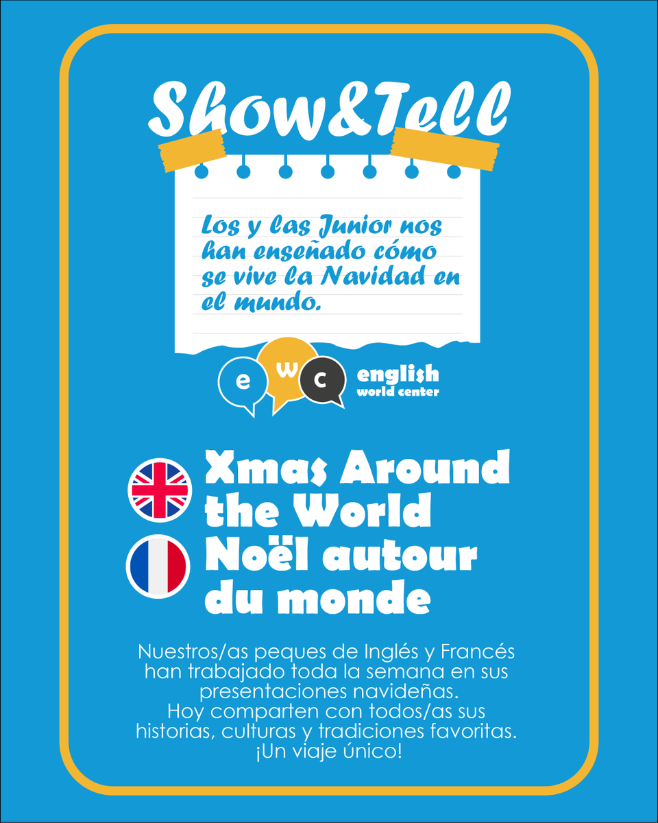 🎄 Show &amp; Tell en EWC 🎄

Nuestros/as peques de Inglés y Francés han presentado Xmas Around the World / Noël autour du monde, compartiendo tradiciones navideñas de distintos países. 🌍✨

Un proyecto que impulsa creatividad, cultura y expresión oral. 💙

#EWC #ShowAndTell