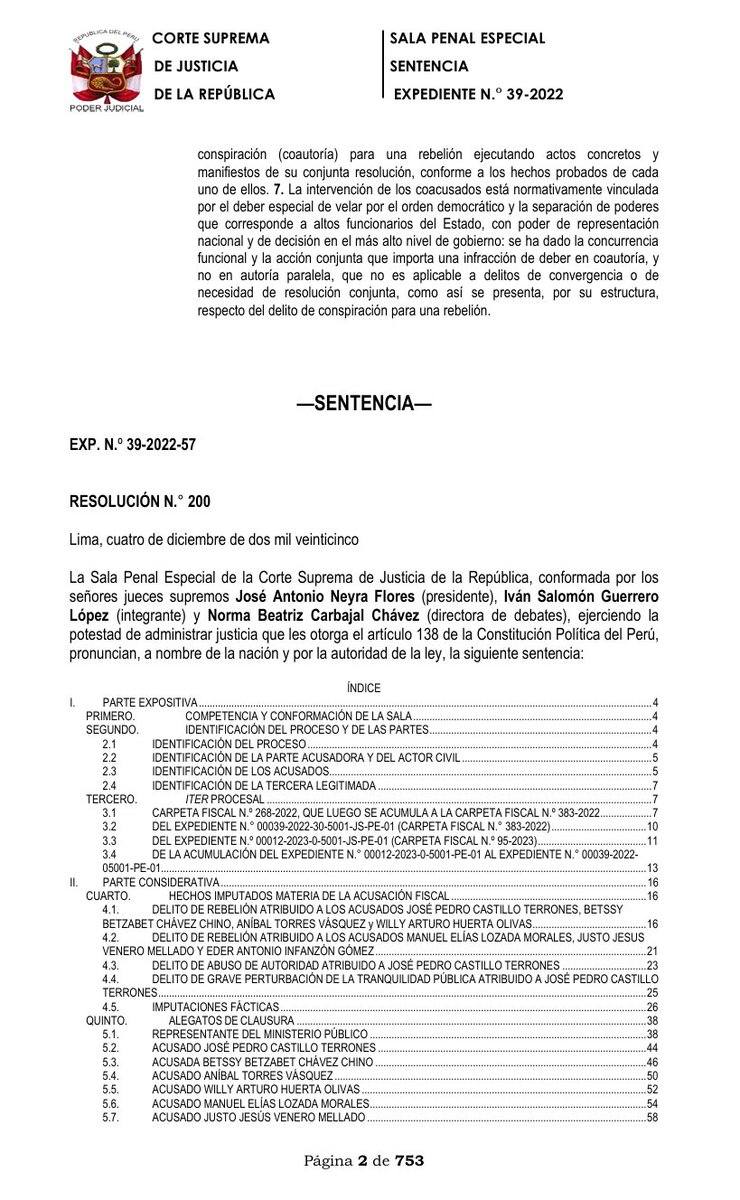 La sentencia contra Pedro Castillo por conspiración para la rebelión tiene 753 páginas.
El voto en mayoría de los jueces Neyra y Carbajal (condena 11 años y 5 meses de prisión) consta de 668 hojas. El voto en minoría del juez Guerrero es de 85 hojas