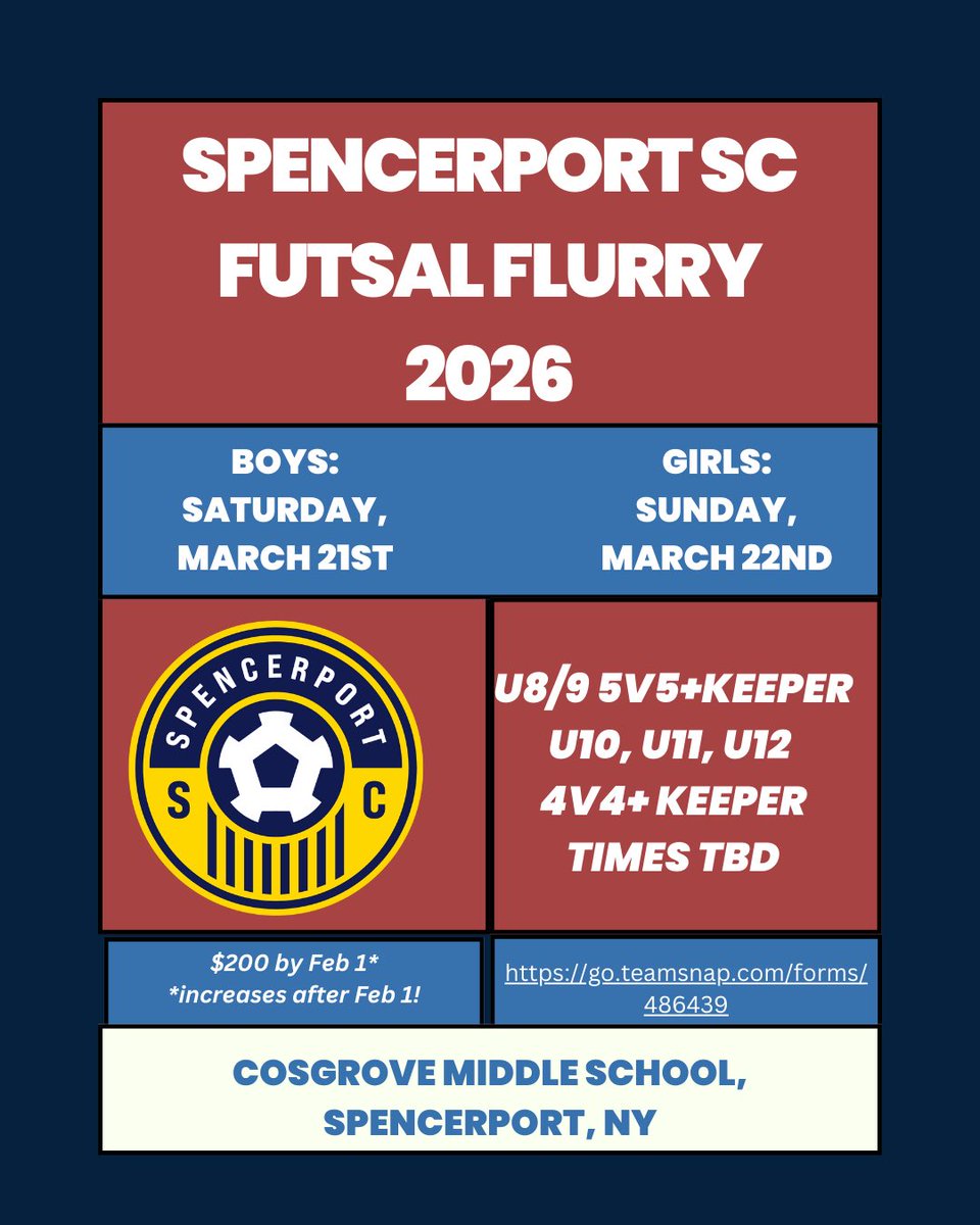 Join us for our annual Futsal Flurry indoor tournament! 

Registration link

go.teamsnap.com/forms/486439