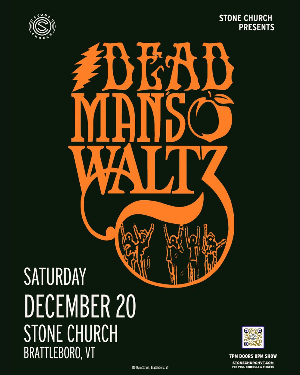 stonechurchvt's tweet photo. On Saturday December 20th, Dead Man's Waltz (formerly Steal Your Peach) brings their interweaving of classic songs and jams of The Grateful Dead, The Allman Brothers Band and The Band. 🍑🐻🌀 https://t.co/vPCV86kNPj