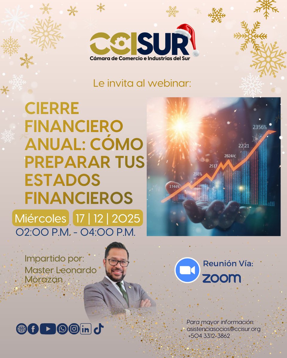 La Cámara de Comercio e Industrias del Sur (CCISur) te invita al webinar:
“Cierre financiero anual: Cómo preparar tus estados financieros”

Una guía esencial para fortalecer la gestión y transparencia de tu negocio.

¡Inscríbete!
us02web.zoom.us/meeting/regist…