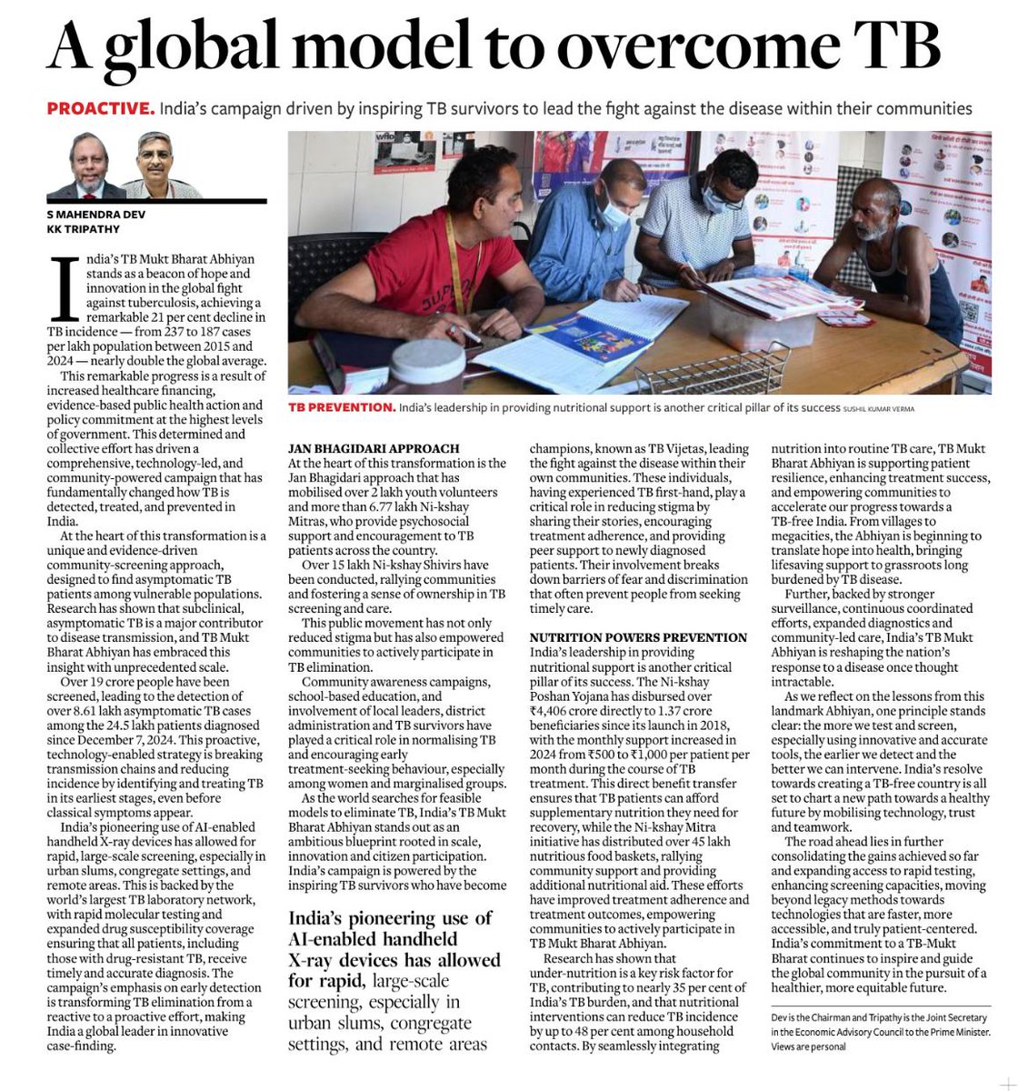 EACtoPM's tweet photo. India’s TB Mukt Bharat Abhiyan stands as a beacon of hope and innovation in the global fight against tuberculosis. Hon'ble Chairman Dr S Mahendra Dev and K K Tripathy write on “ A global model to overcome TB”. https://t.co/om5aiKK3Rd