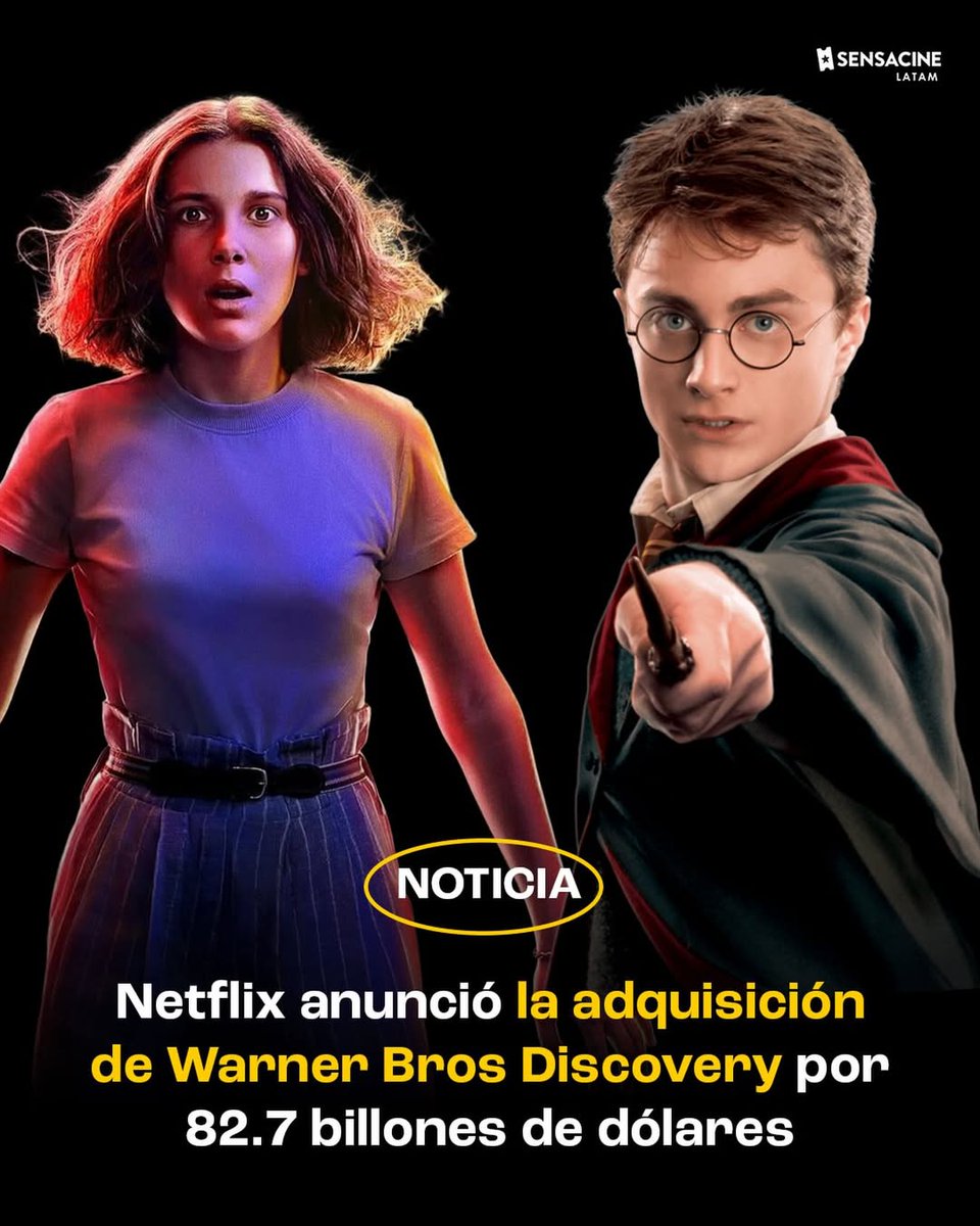 SensaCineLATAM's tweet photo. Es oficial: Netflix adquiere Warner Bros. por $82.7 mil millones de dólares. HBO, HBO Max y franquicias como 'Euphoria' y 'Harry Potter' pasan a ser de su propiedad. El proceso termina en el tercer trimestre 2026 y conservarán los estrenos en cine.

#Netflix #WarnerBros #HBOMax https://t.co/otnnJoCTgB