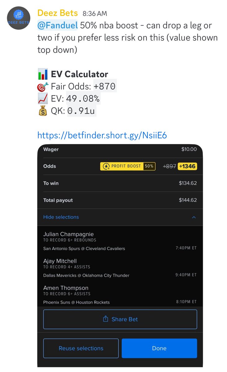 The early bird gets the worm and these plays from @DeezBets_BO. 

Tap all the way in here - betfinder.short.gy/NsiiE6

More plays from <a href="/BiscoBetsEV/">BiscoBetsEV</a> <a href="/PlusEVKing/">PlusEVKing</a> and the rest of the EV Mafia are only available on the Discord. 

👇

sharpduel.com/evmafia?ref=8b…