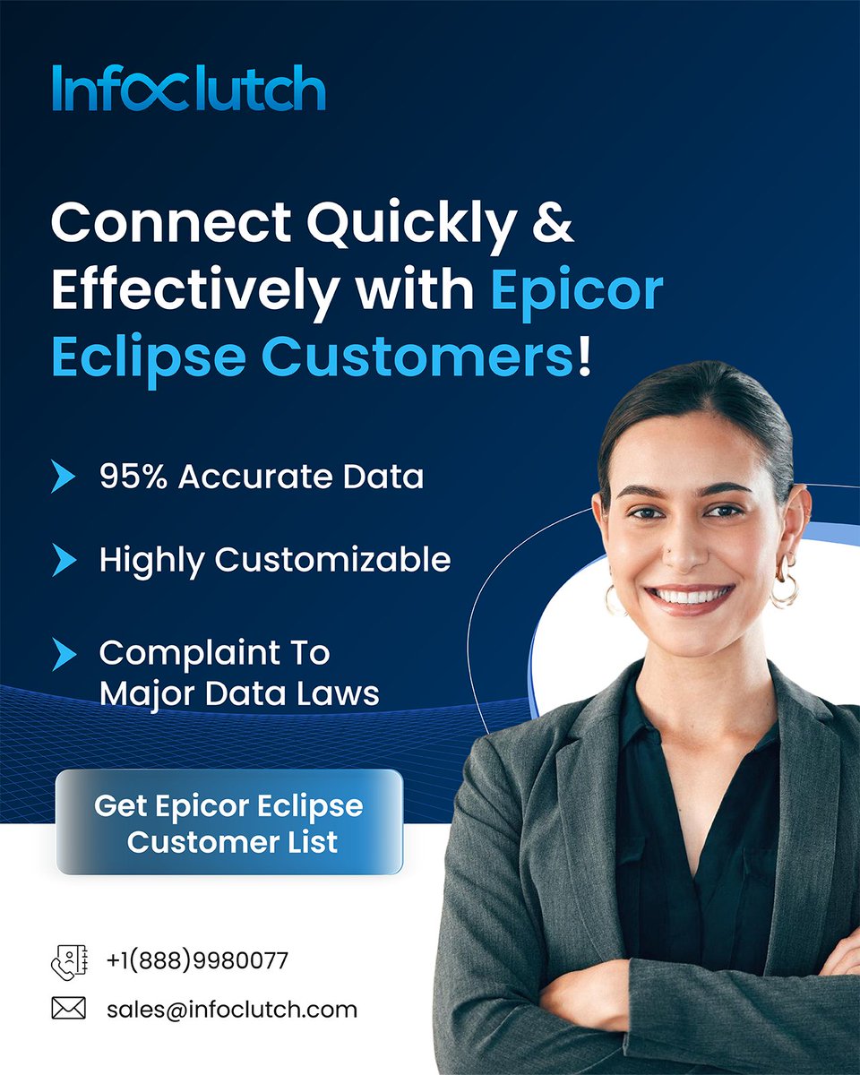 Connect quickly &amp; effectively with targeted, compliant data.
✅ 95% Accuracy
✅ Fully Compliant
✅ Highly Customizable
Get the Epicor Eclipse Customers List and start leading! 
Link: infoclutch.com/installed-base…
#EpicorEclipse #ERP #B2BMarketing #SalesTips #DataSolutions #InfoClutch