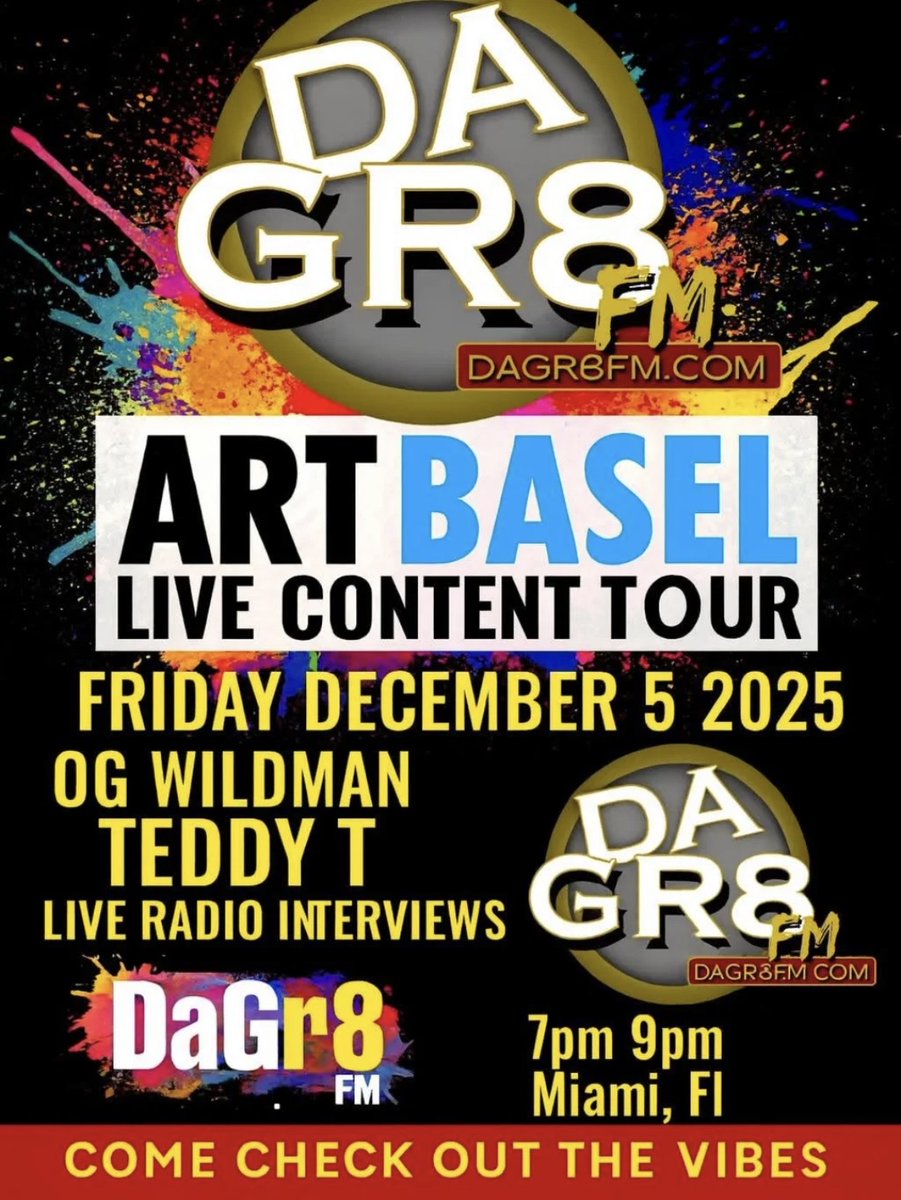 DaGr8FM presents the Art Basel Live Content Tour, featuring exclusive interviews with Miami's own Fayn and V.E.G.A.!
The Uncivilized Movement
📅 DATE: Friday, Dec 5th ⏰ TIME: 7:00 PM – 9:00 PM 📍 WHERE: Live on DaGr8FM.com
TUNE IN HERE: dagr8fm.com