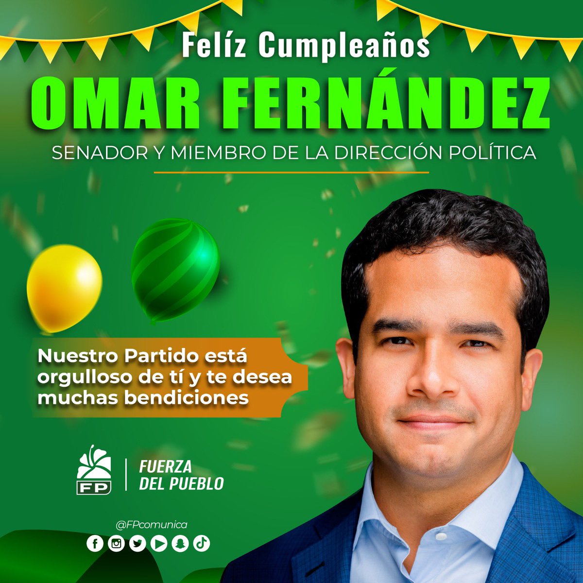Muchas Felicidades en tu cumpleaños <a href="/OmarLFernandez/">Omar Fernández</a> honorable senador del Distrito Nacional, compañero y amigo. Dios te conceda salud y larga vida para que sigas obrando de manera sabia y sensible en favor del pueblo dominicano🎊