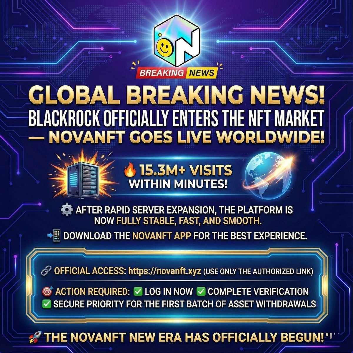 fk3814310's tweet photo. 📢 Global Breaking News | BlackRock, the World's Leading Capital Institution, Officially Enters the NFT Market!

Dear Global TreasureNFT Users,

With the global launch of the NOVANFT official link, the platform has immediately #TREASURE_INFO #tuft #NFTs #novanft https://t.co/SMUMph7zxT