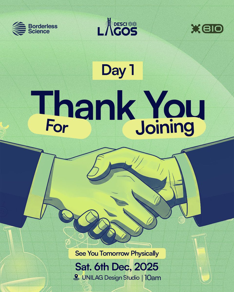 A huge thank you to everyone who joined us for Day 1 of DeSci Lagos 2025.🥹💚

The journey continues physically tomorrow! 
We can't wait to see you in person for more exciting sessions and collaborative opportunities.

• Date: Saturday, 6th December, 2025
• Time: 10 am
•