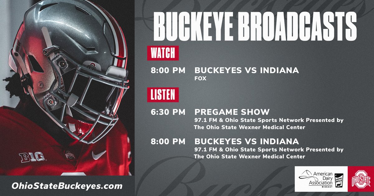 OhioStAthletics's tweet image. 🌰🏈 Buckeye Broadcasts vs. Indiana        

🗓️ December 6th
⏰ 8:00 PM ET    
📻 @971thefan 

 ➕: OhioStateBuckeyes.com

#GoBucks | @adamideast