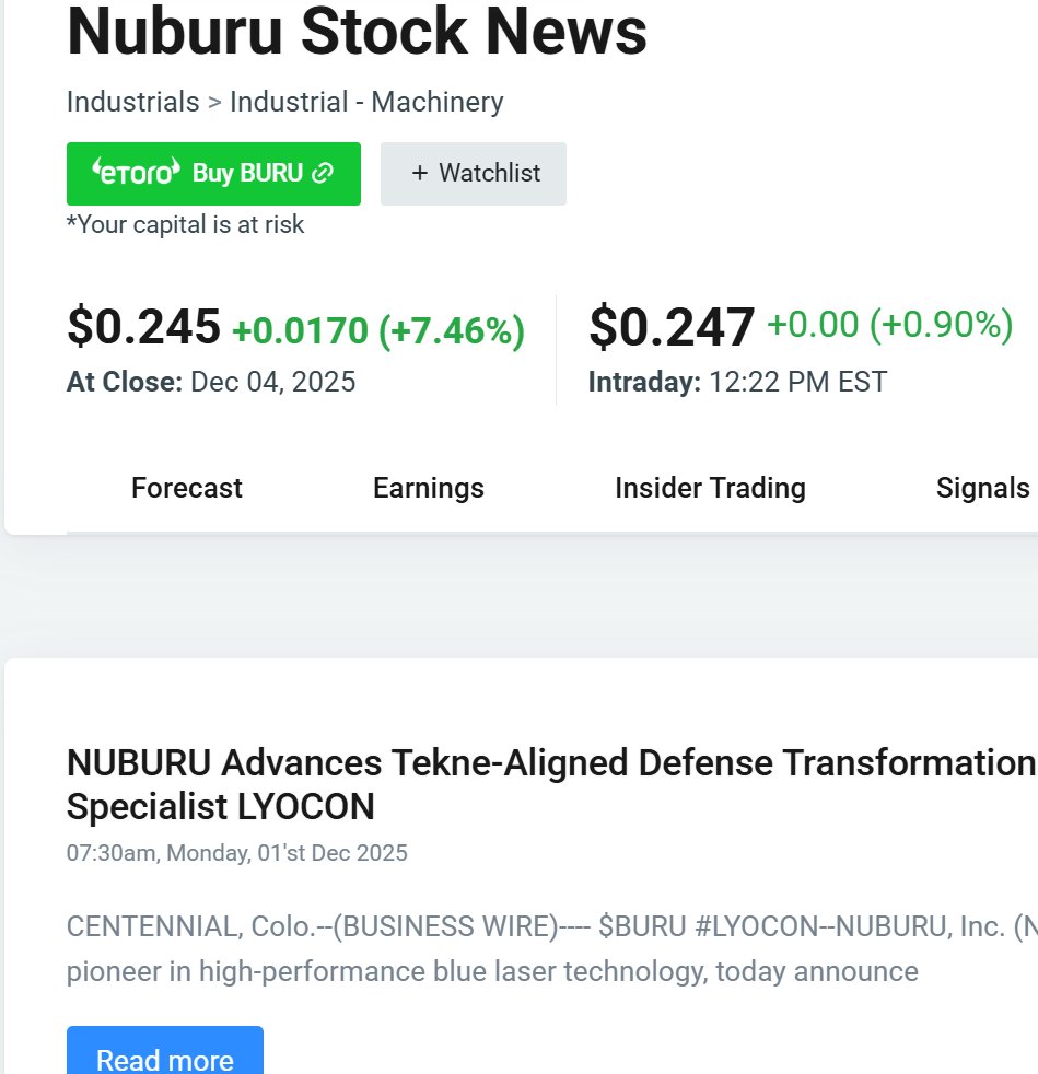 CrusaderStocks's tweet photo. $BURU Dec 2025 NUBURU Advances Tekne-Aligned Defense Transformation with Binding Agreement to Acquire Italian Laser Specialist LYOCON
CENTENNIAL, Colo.--(BUSINESS WIRE)---- $BURU #LYOCON--NUBURU, Inc. (NYSE American: BURU) (“NUBURU” or the “Company”), a global pioneer in high-performance blue laser technology, today announce https://t.co/rymSOplfmP @NYSE