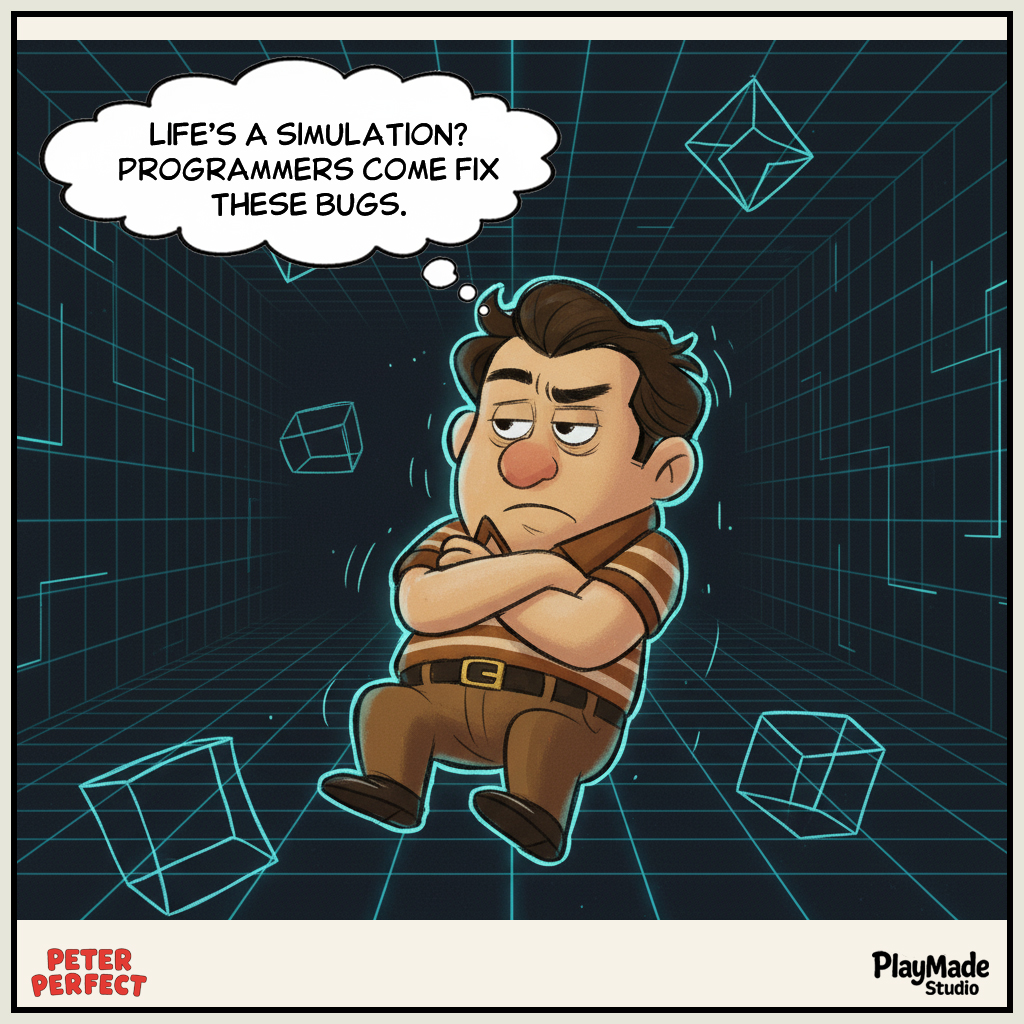 PlayMadeStudio's tweet image. Start with the bug that made me the main character in this mess.

#PeterPerfect #Webcomic #DailyComics #DevHumor #GameDevLife #IndieDev #ProgrammerHumor #RelatableComics #SimulationJokes #PlayMadeStudio