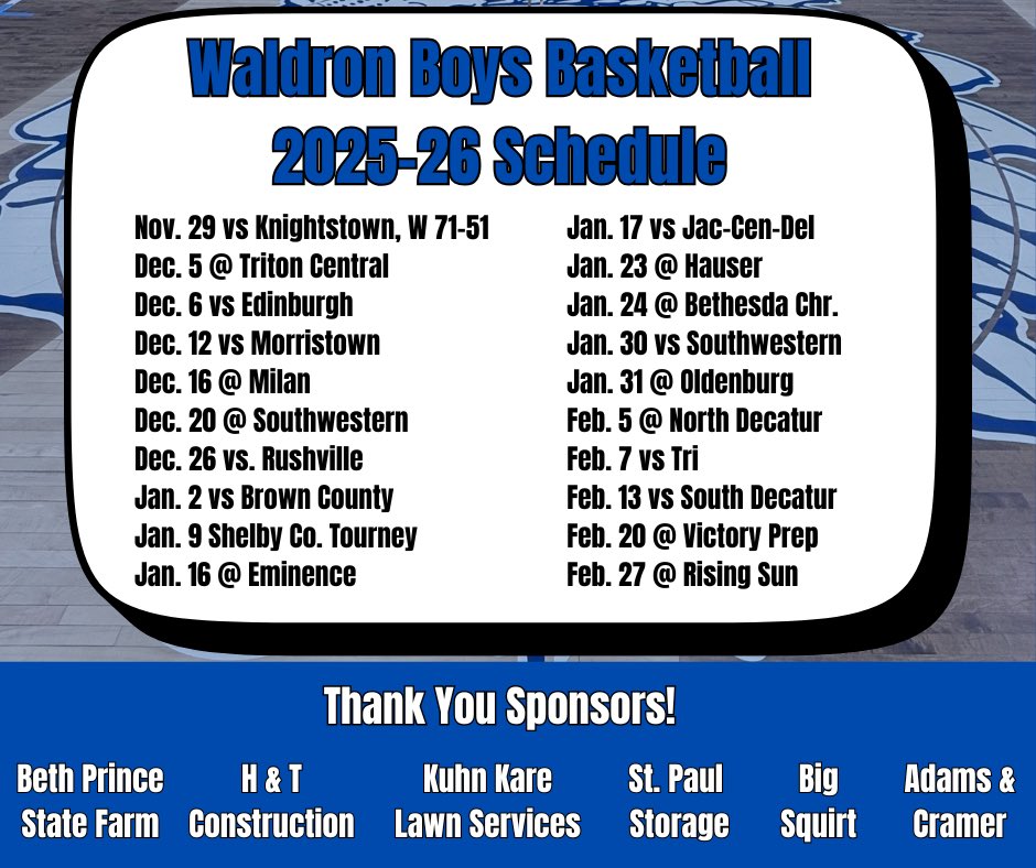 Huge county rivalry game tonight 👏

Thank you to our social media sponsors this season. Your support is truly appreciated!

Beth Prince State Farm
H &amp; T Construction
Kuhn Kare Lawn Services
St. Paul Storage
Big Squirt
Adams &amp; Cramer