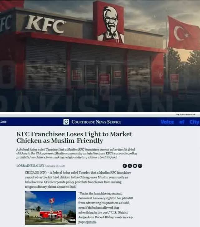 کے ایف سی KFC اپنا مقدمہ ہار گیا!
 برسوں تک یہ چھپانے کی کوشش کرنے کے بعد کہ کے ایف سی کے برگر 100% چکن کے ہیں اب شکاگو کی عدالت نے فیصلہ دے دیا کہ کے ایف سی میں صرف 15% چکن اور باقی 85% کھانے کے لیے بھی موزوں نہیں بلکہ کتوں کے کھانے کے لیے ہے کونسل آف اسلامی جسٹس نے کے ایف سی سے
