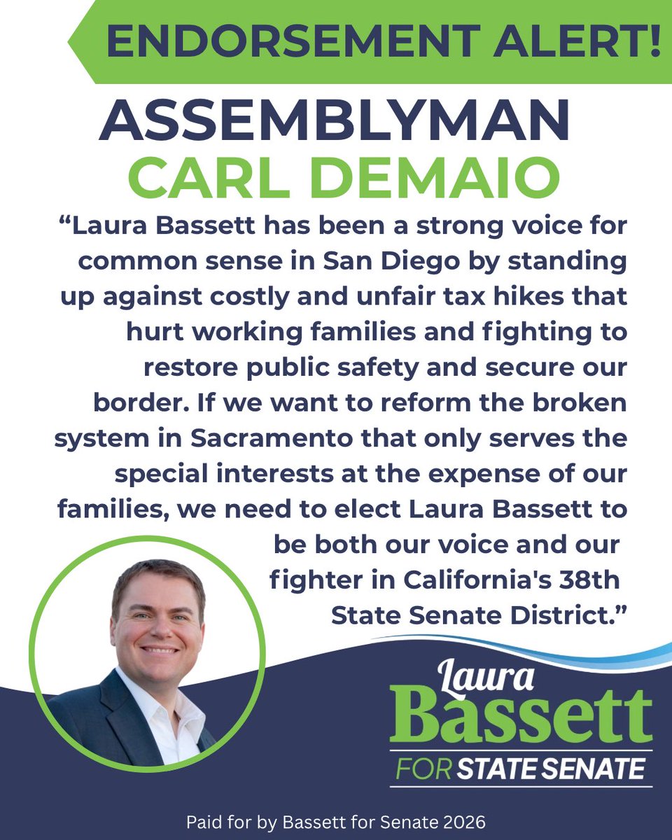 Honored to receive the endorsement of Assemblyman Carl DeMaio. Our campaign is about restoring balance, protecting taxpayers, and putting working families first. California needs results, not excuses!