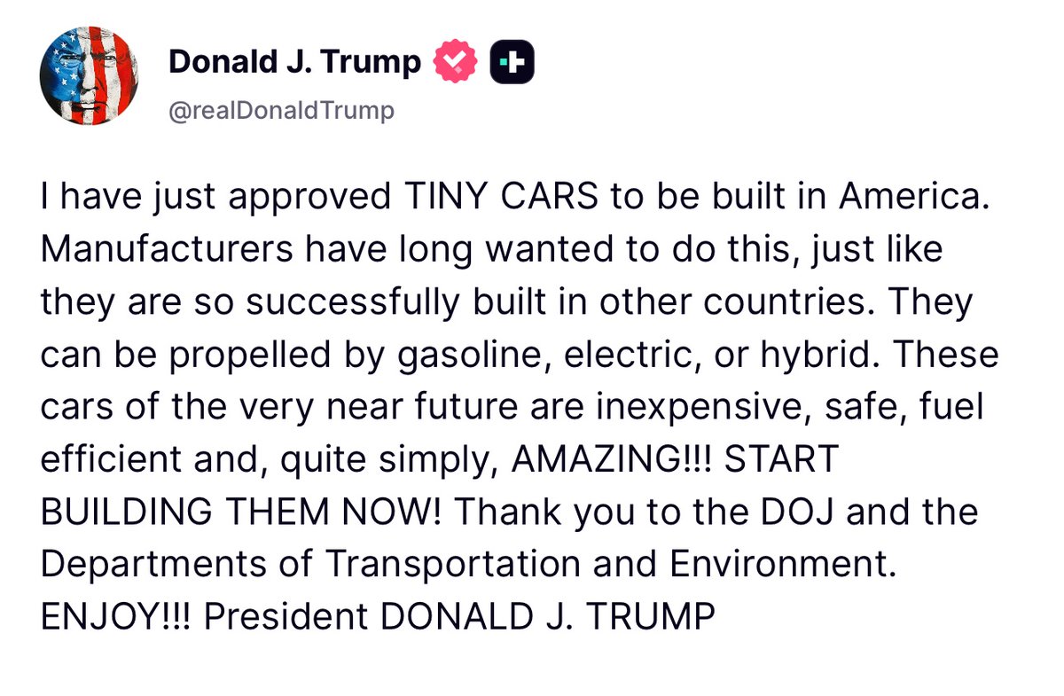 PatriotForgeUSA's tweet image. 🚨 BREAKING: President Trump is WORKING OVERTIME after obliterating CAFE standards! 

Just approved production of a BUNCH of small, affordable cars for the American people.

This is MASSIVE! 🇺🇸 #MAGA #Trump2024