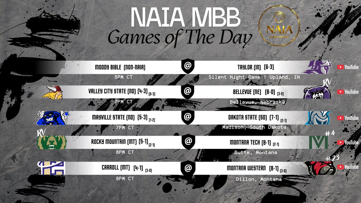 💥NAIA MBB Games of the Day 💥 Dec. 5

Moody Bible @ <a href="/taylor_hoops/">Taylor Men’s Basketball</a> 🤫 🤐 
<a href="/VCSU_MBB/">VCSU Mens Basketball</a> @ RV <a href="/Bellevue_MBB/">Bellevue University Men's Basketball</a> 
<a href="/MSUCometsMBB/">Mayville State MBB</a> @ <a href="/DSU_MBB/">Dakota State Men's Basketball</a> 
RV <a href="/RockyMtnMBB/">Rocky Men's Basketball</a> @ #4 <a href="/MTechHoops/">Montana Tech Basketball 🏀⚒️</a> 
<a href="/CCSAINTSMBB/">Carroll College Men's Basketball</a> @ #23 <a href="/UMW_MBB/">Montana Western Men’s Basketball</a> 

Full Schedule 
naiastats.prestosports.com/sports/mbkb/sc…