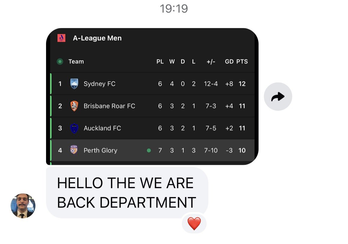 docker_dave's tweet image. Messenger chat with @MattOlsen294 yeah it’s only for tonight and it’s early days but Glory are looking back in business. #PERvWSW #ALeagues