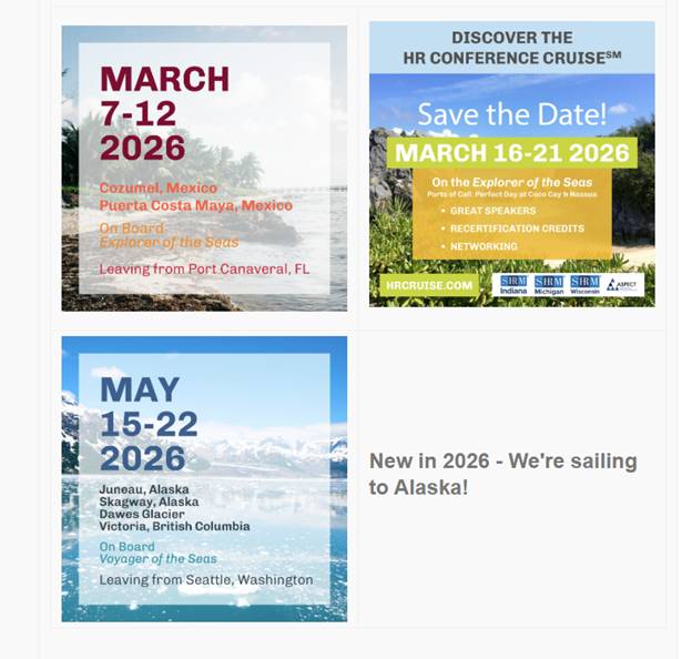 AspectCLE's tweet image. Registration Deadline Approaching - 2026 HR Conference Cruises!

Join Us For Our Next HR Conference Cruises®!

- March 7-12, 2026

- March 16-21, 2026

And New in 2026 - we're sailing to Alaska!

$749 Conference Registration Price Ends on 12/15!

VISIT HRCRUISE.COM