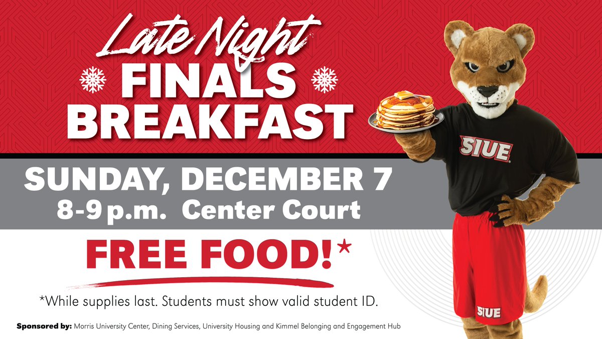 mucsiue's tweet photo. Late Night Finals Breakfast is this Sunday at 8 p.m. in Center Court. There will be FREE FOOD while supplies last. Students must show valid student ID. Sponsored by the Morris University Center, Dining Services, University Housing and Kimmel Belonging and Engagement Hub. #SIUE https://t.co/cbV3y2khD7