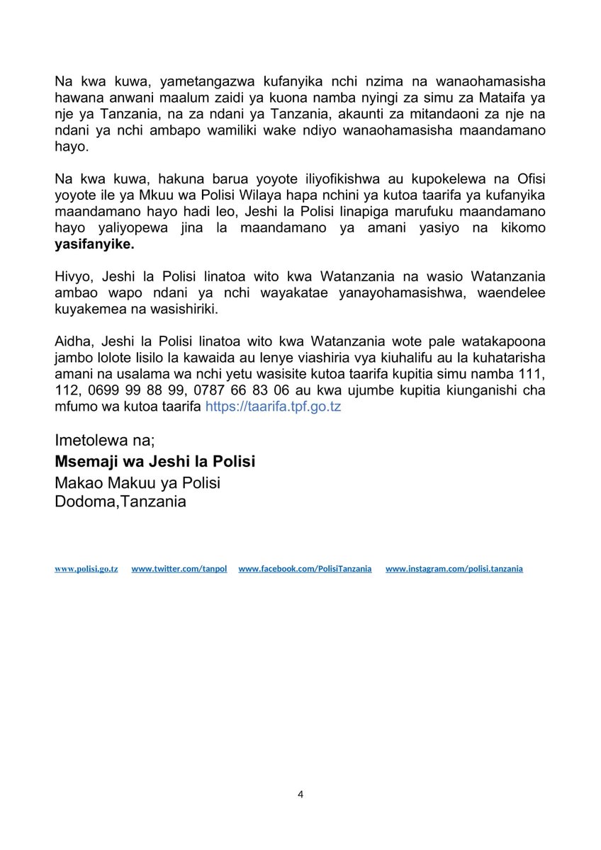 tanpol's tweet photo. Jeshi la Polisi limeyapiga marufuku maandamano yaliyopangwa kufanyika nchi nzima yasifanyike. https://t.co/wesCPJH7Kv