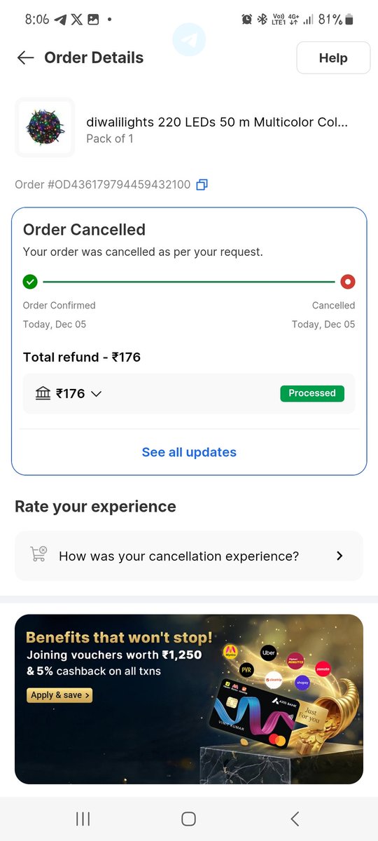 I order I led light from <a href="/Flipkart/">Flipkart</a> pay total amount 183 after some time I cancel my order they refund only 176 . Contact customer care they told me balance 7 rupees not possible to refund only gift coupon very very shame <a href="/Flipkart/">Flipkart</a> . <a href="/meesho_support/">Meesho Support</a> <a href="/amazonIN/">Amazon India</a>