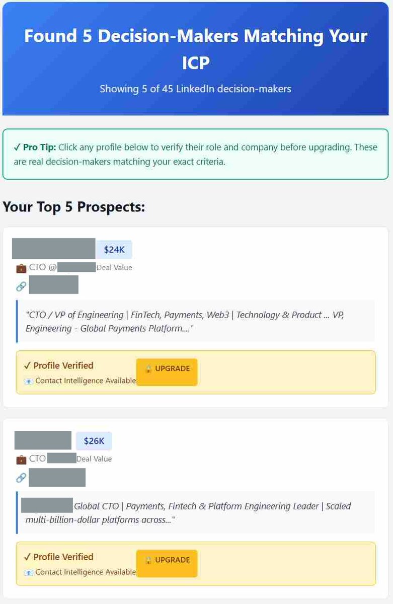 TheDavidLim's tweet photo. Just ran OutreachPilot on a B2B founder profile 👇

Found 45 LinkedIn decision-makers matching their ICP.

5 free preview • 40 in full version.

It detects intent — people already facing the problems your product solves.

Total pipeline value $832K+. https://t.co/vPRlWDGcaB