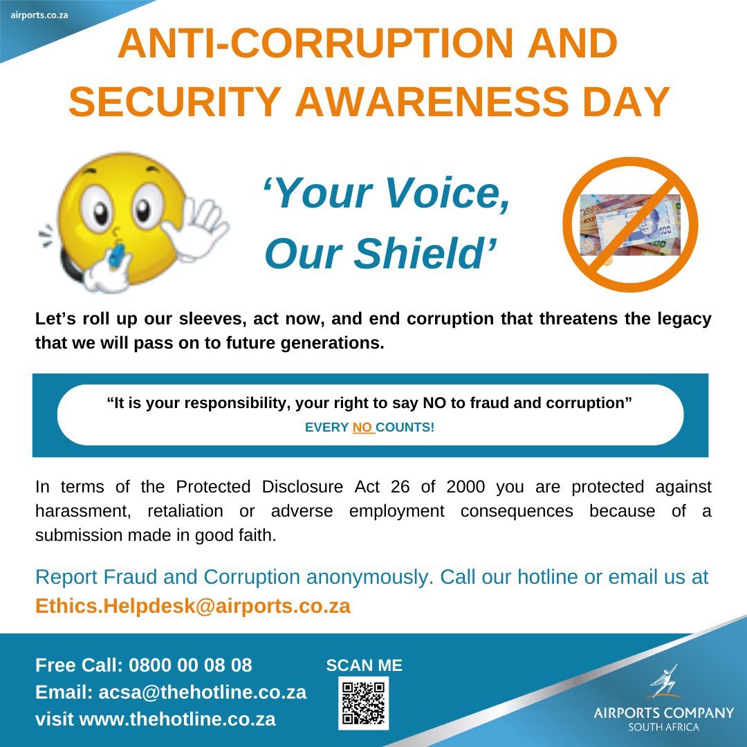 At ACSA, we stand united with thousands of organisations worldwide to observe International Anti-Corruption Day 2025 on Tuesday, 9 December, at all our airports. This day marks the United Nations Convention against Corruption, signed in 2003 in Mexico, reaffirming our dedication