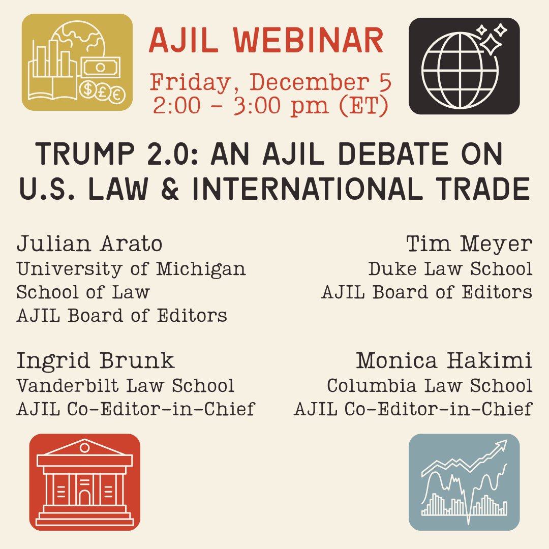 AJIL_andUnbound's tweet photo. There is still time to register for today's webinar at 2pm (ET)
✅Register here: https://t.co/1kacCdPLC0
✅Read their AJIL article "The 'America First Trade Policy' in Practice" with co-author Kathleen Claussen here: https://t.co/yX5g8vPymK https://t.co/w5f6mZJO8W