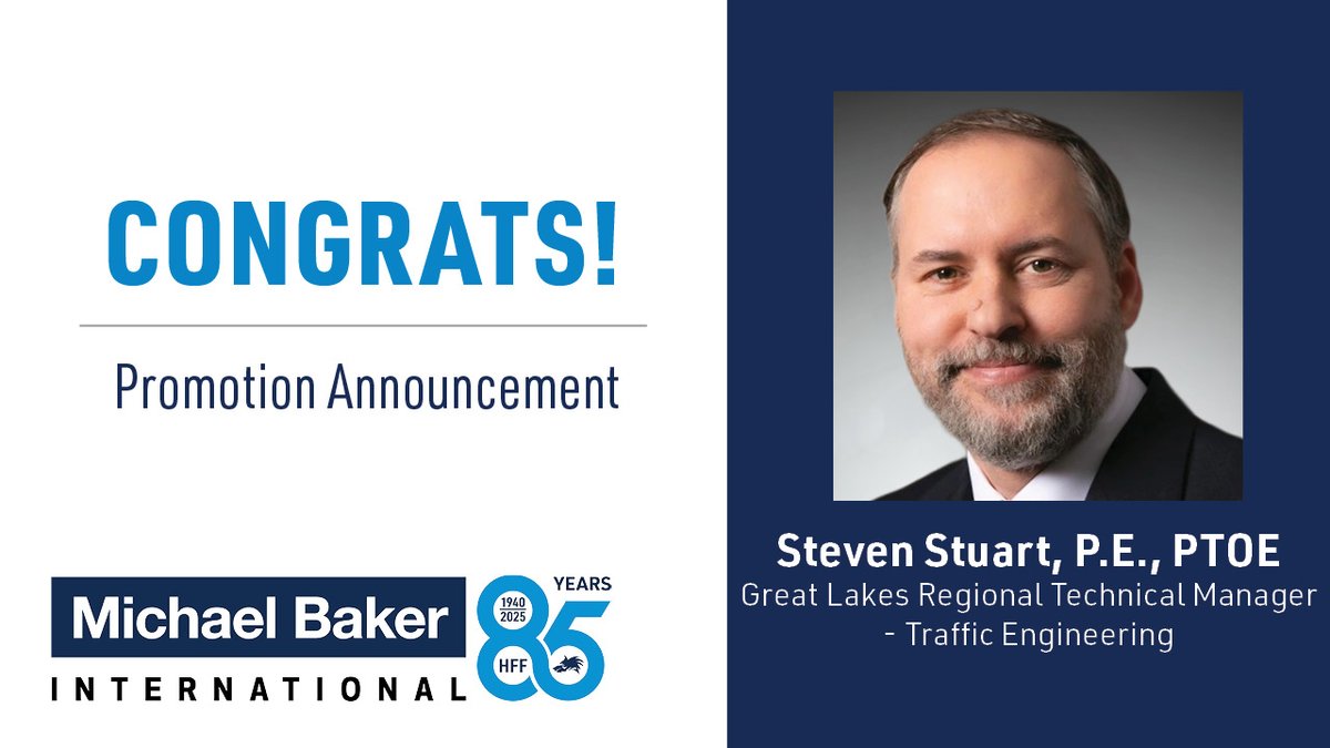 Michael Baker International announced today that Steven Stuart, P.E., PTOE, has been promoted to the role of Great Lakes Regional Technical Manager – Traffic Engineering.

Learn more: mbakerintl.com/en/press-relea…