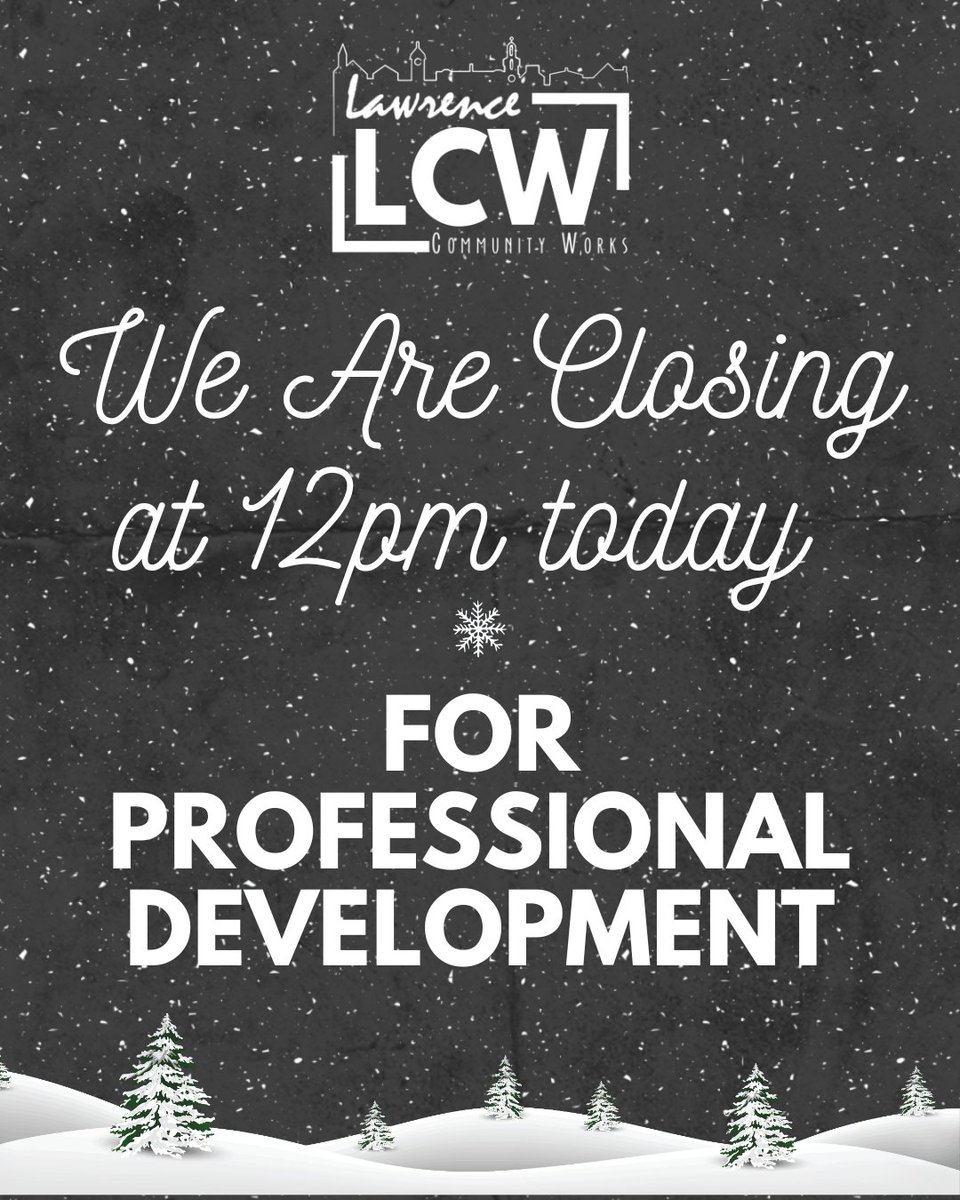 LCWorksOrg's tweet image. LCW will close at 12pm today for professional development.
For any questions, please reach out to info@lawrencecommunityworks.org

LCW cerrará hoy a las 12 p.m. por desarrollo profesional.
Para cualquier pregunta, por favor comuníquese a info@lawrencecommunityworks.org.