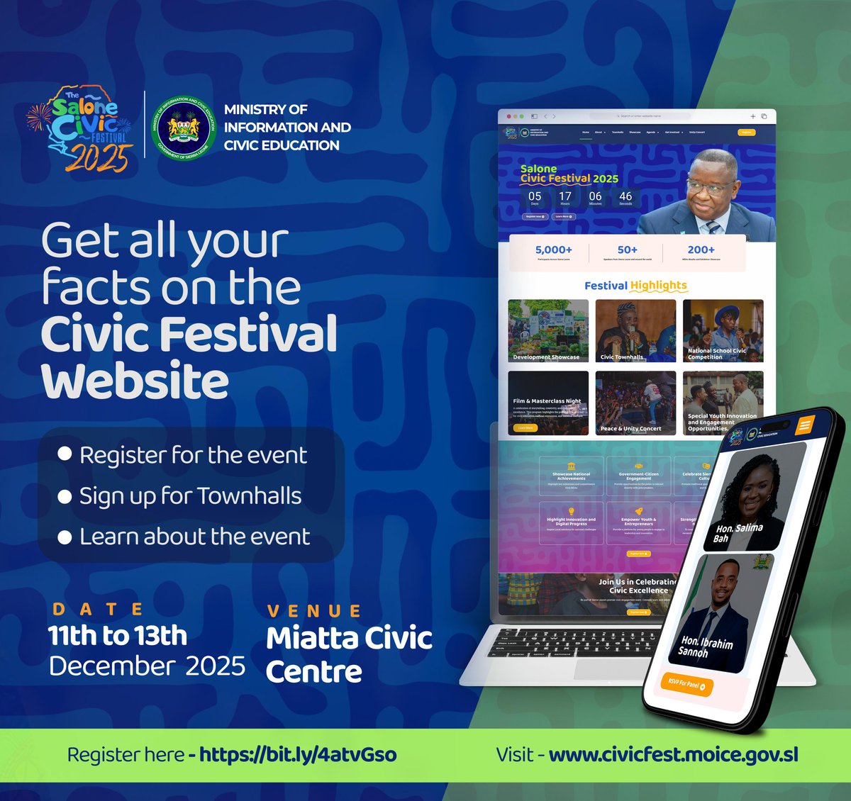 ‼️‼️‼️‼️‼️‼️‼️‼️‼️‼️‼️‼️‼️

SALONE CIVIC FESTIVAL 2025

All you need to know about the three-day event. Get all your facts on the Civic Festival Website

•Register for the event
•Sign up for the Town Halls
•Learn about the event

Click the link below:

civicfest.moice.gov.sl/panel-discussi…