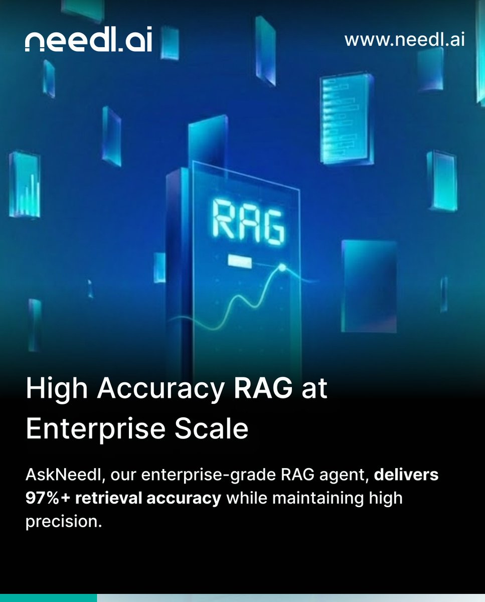 NeedlAi's tweet photo. As enterprise data explodes across documents, formats, and systems, most RAG setups hit an accuracy ceiling and start losing context.

👉 Swipe to see how our high-trust RAG solves this problem. https://t.co/MvofimJvfE
