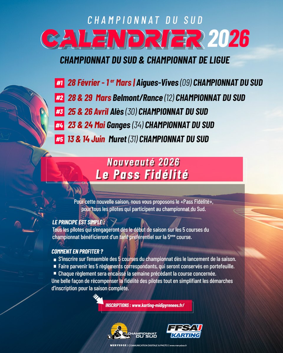 📢 Championnat du Sud 2026 : 5 courses + un Pass Fidélité !

Les KFS 135/150/165 auront rendez-vous sur : Aigues-Vives, Belmont, Alès, Ganges et Muret 🏁🔥

#KFS135 #KFS150 #KFS165 #Karting #Motorsport #Racing