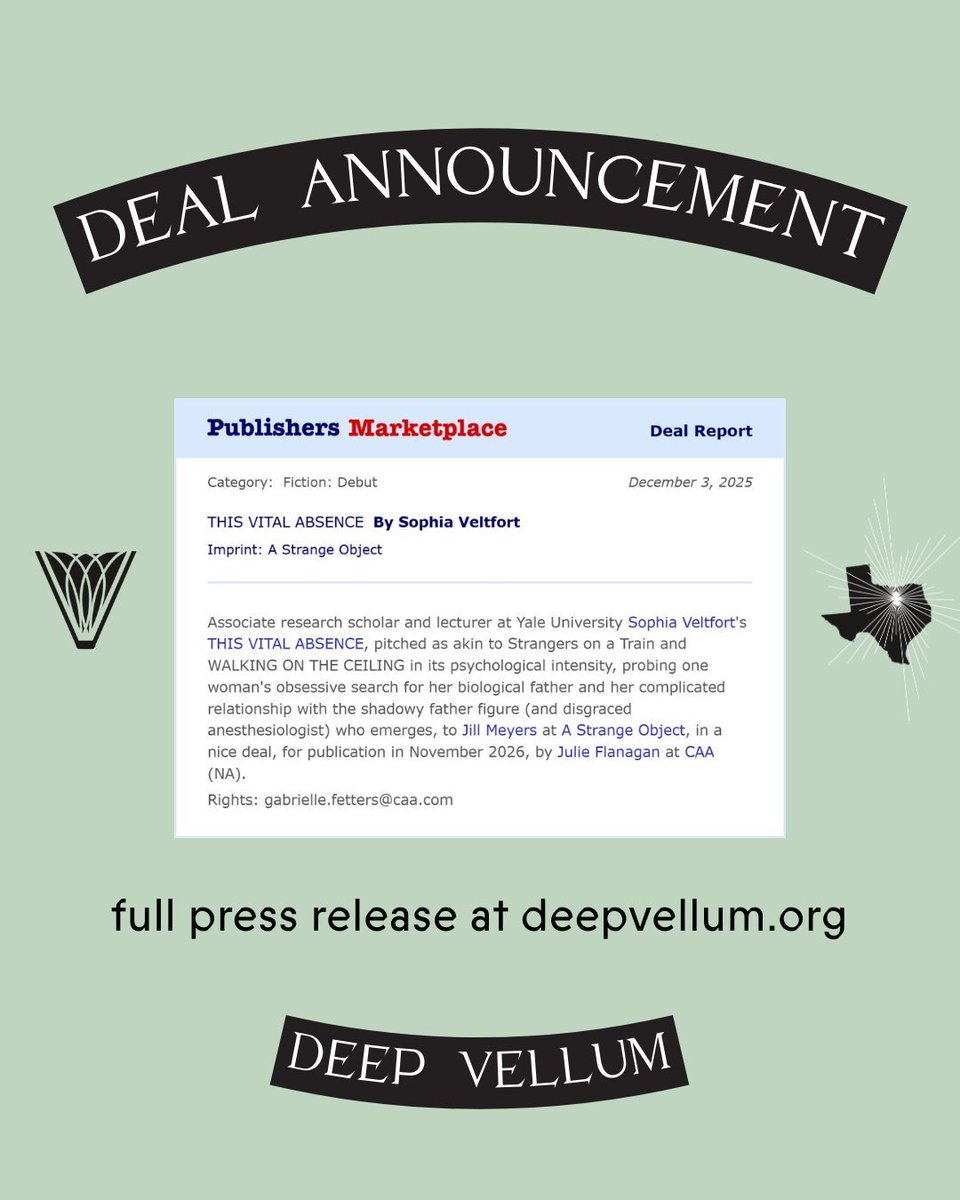 DeepVellum's tweet photo. THIS VITAL ABSENCE, the spiky and subversive debut novel by Sophia Veltfort, has been acquired by Deep Vellum and A Strange Object for publication in November, 2026. https://t.co/pAlyFgvXlo