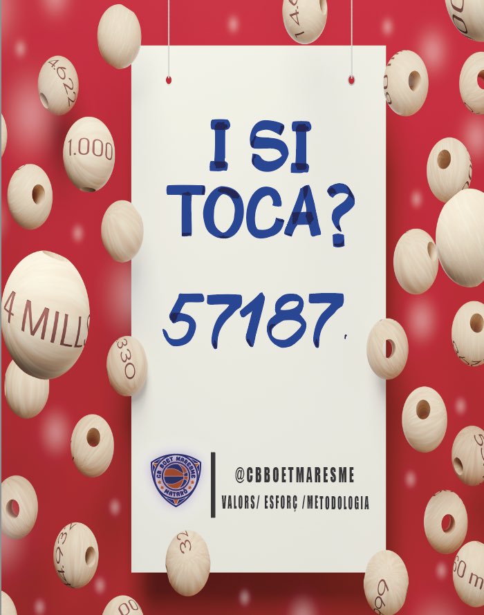 🎄 Ja tens la teva Loteria de Nadal? 🎄
Aquest any, juga amb nosaltres amb el número 5️⃣7️⃣1️⃣8️⃣7️⃣ del <a href="/cbboetmaresme/">CB Boet Maresme Mataró</a> !

🔸 Preu per participació: 2€.
🔸 Compra-la i forma part d’aquesta tradició mentre dones suport al club!

👉 Recorda, “Si toca, tothom guanya!” 🏀✨

Moltes