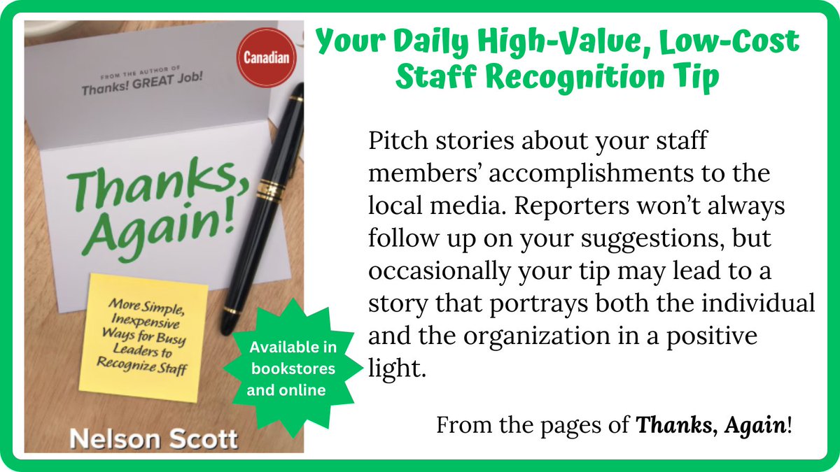 TIP #202: Use local media to brag about what staff member achieve (from the Bonus Section: At Least 101 More #StaffRecognition Thoughts, Tips, Tools and Techniques). #Leadership #Appreciation 

amazon.ca/Thanks-Again-I…